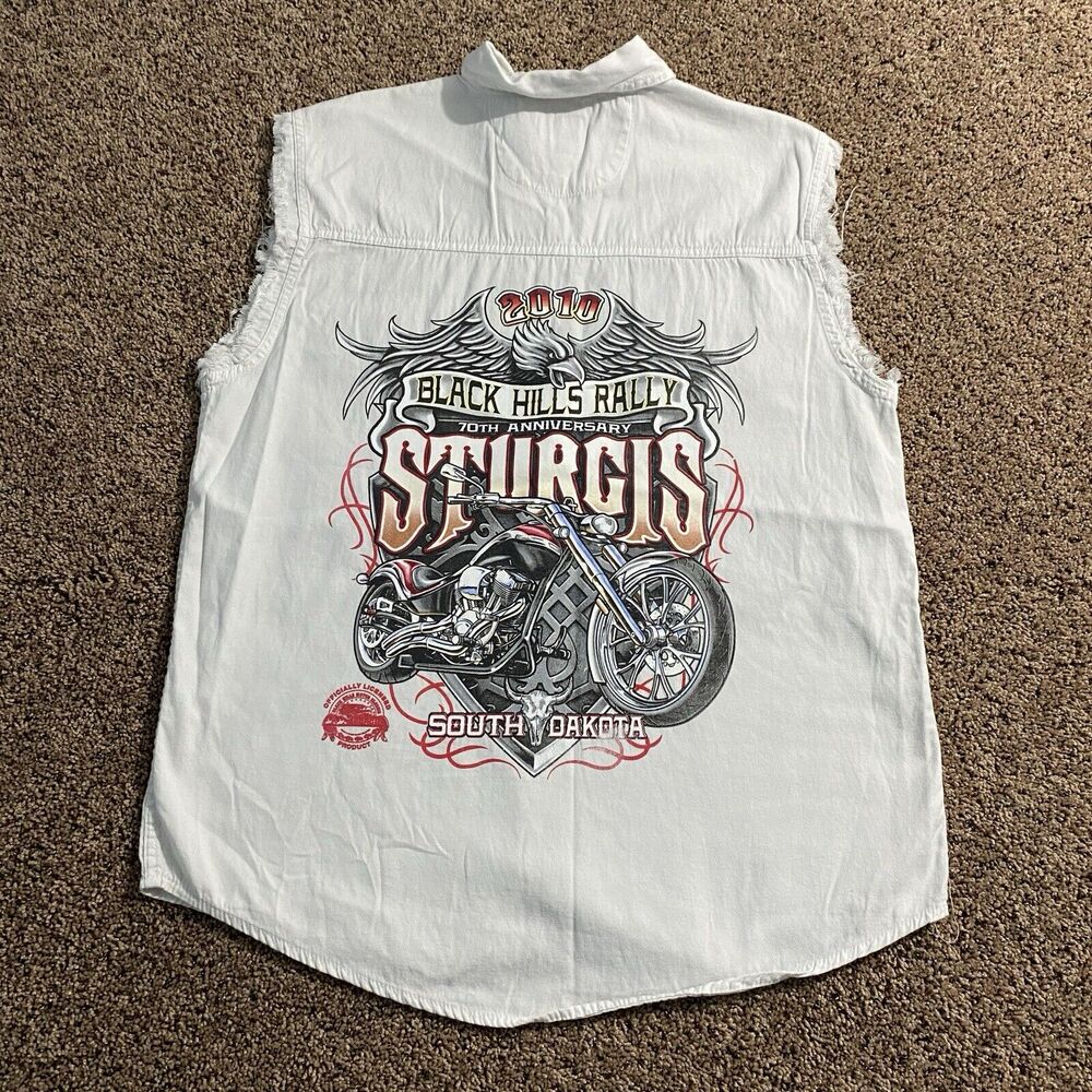 Sturgis South Dakota‎ Sleeveless White Button Shirt Men’s Medium Grunge